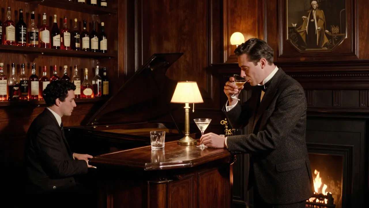 A dimly lit 1920s bar with a jazz pianist, antique whiskey bottles, and a man sipping a martini in silence.