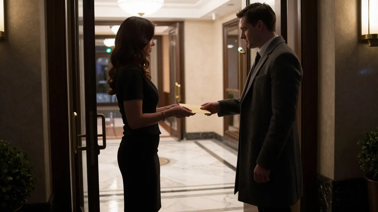 A discreet handoff at a luxury hotel entrance, figures obscured in night attire.