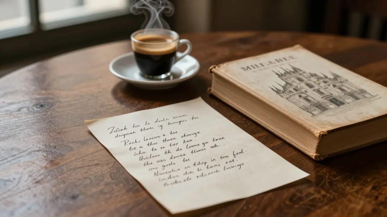 A handwritten note and a book of Milanese poetry beside an espresso cup, reflecting quiet connection and memory.