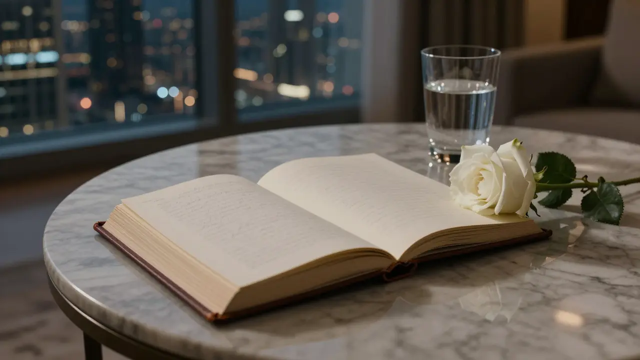 A handwritten note and a white rose on a marble table beside an open book, overlooking Dubai's night skyline, evoking quiet respect.