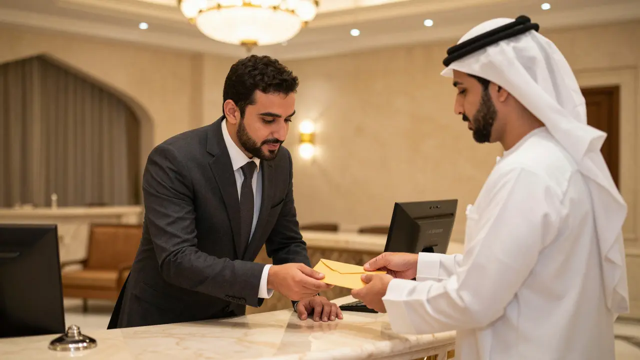 A hotel concierge discreetly handing a sealed envelope to a guest in a luxury lobby.