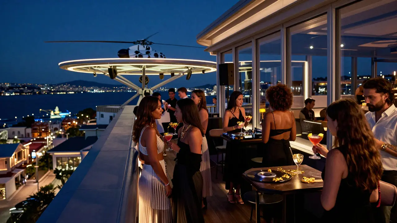 A luxurious rooftop club overlooking Port Hercules at night with a helipad and golden cocktails.
