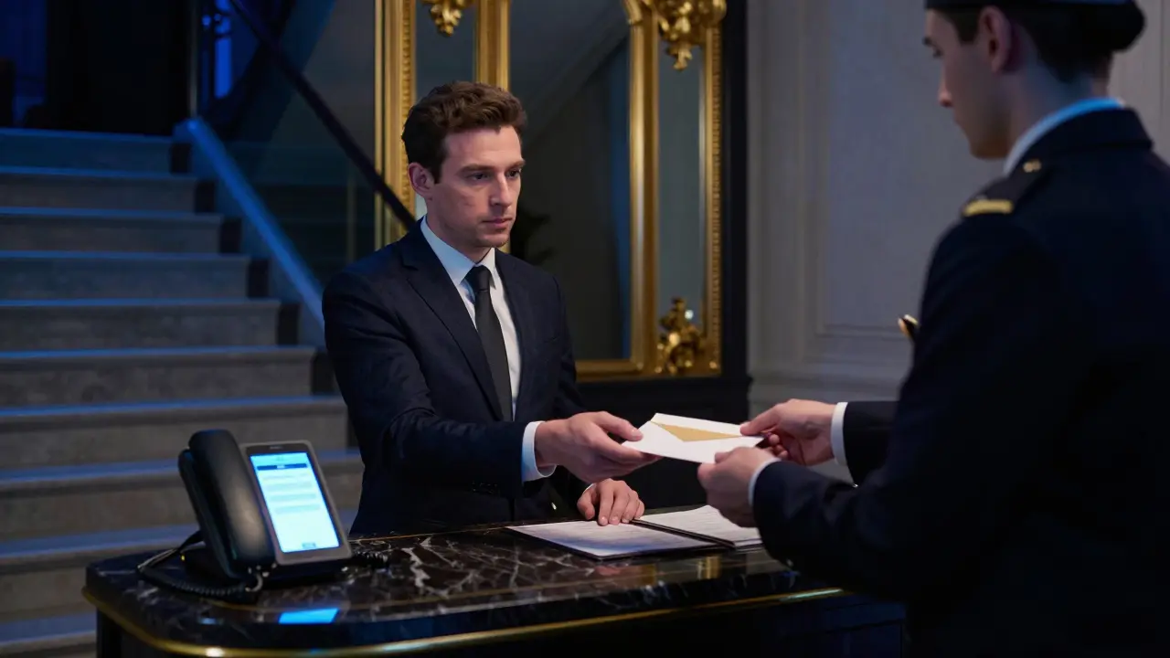 A luxury hotel concierge discreetly handing a sealed envelope to a client at night.