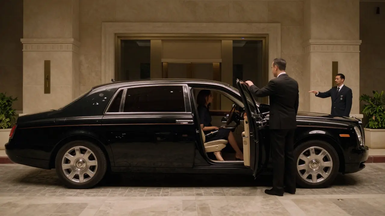 A luxury sedan arriving at the Burj Al Arab at night, a woman stepping out under discreet concierge guidance.