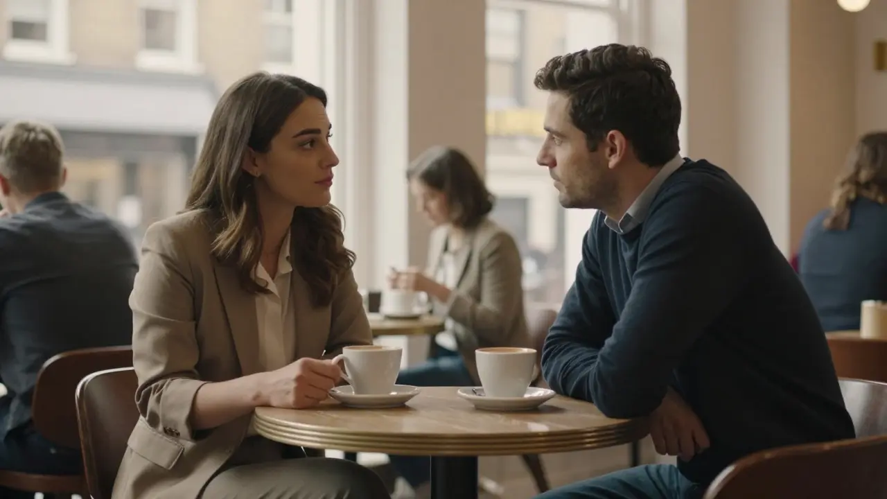 A man and woman meet cautiously in a quiet London café for the first time.