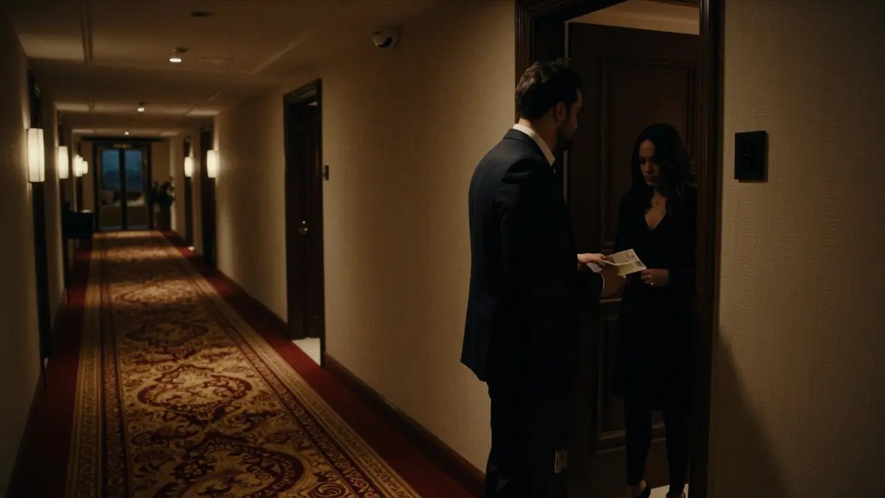 A man holding cash in a hotel corridor, hesitating before entering a room.