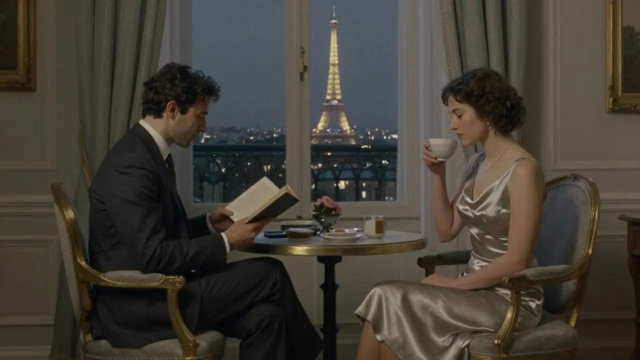 A man reads alone in a hotel suite while a woman sits nearby in silent companionship, no physical contact.