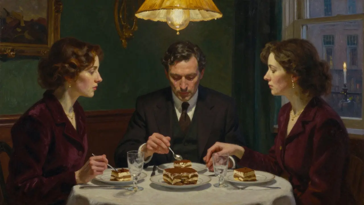A man sits between two women in a dimly lit restaurant, emotionally moved but not touching, sharing a quiet meal.