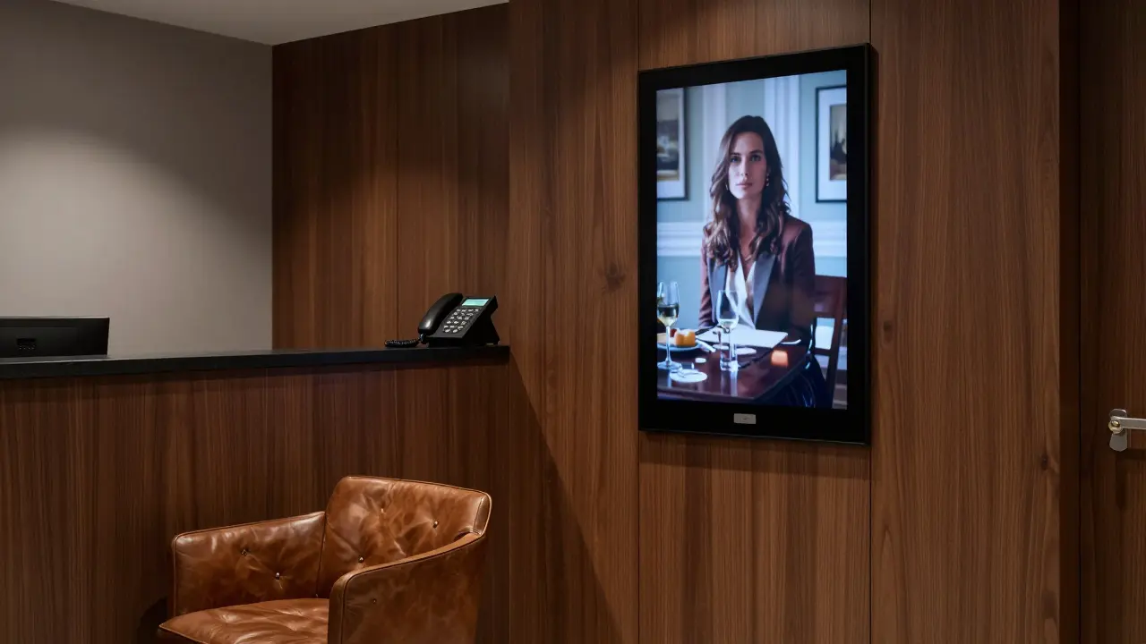 A minimalist luxury escort agency office in London with professional decor and hidden digital profiles, emphasizing discretion.