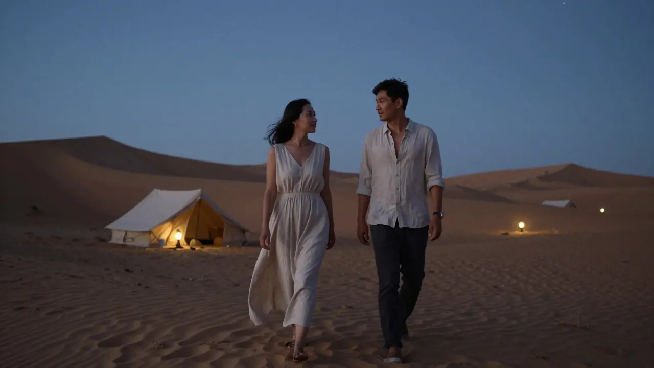 A pair walking peacefully through a desert camp at twilight under a starry sky.