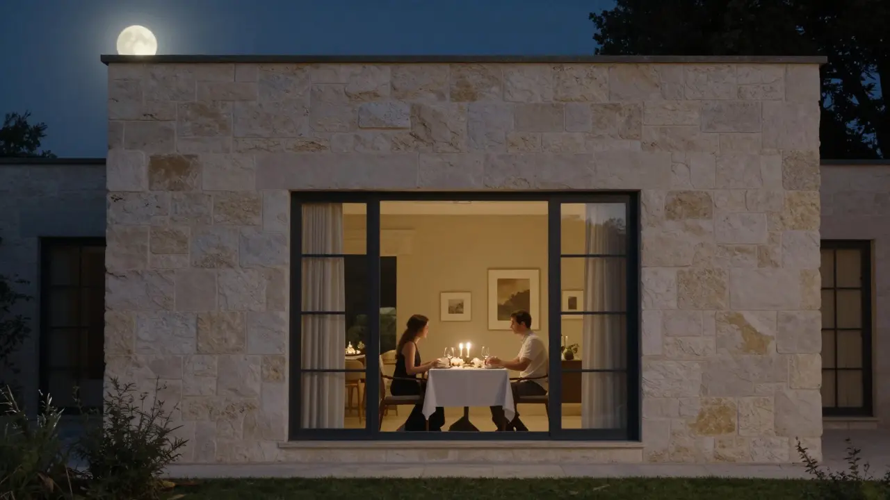 A private villa dinner at night with candlelight, fine dining, and no visible technology or people outside.