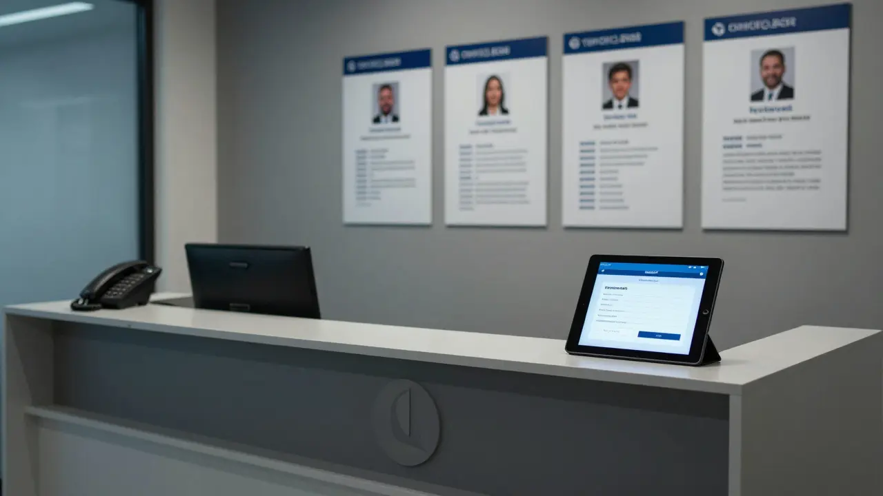 A professional escort agency office with verified profiles and secure payment systems.