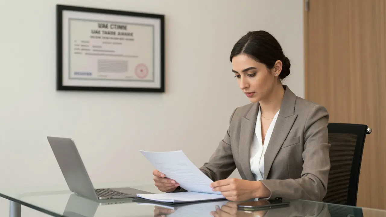 A professionally dressed woman in a modern Dubai office reviewing a contract, with a UAE trade license visible on the wall.