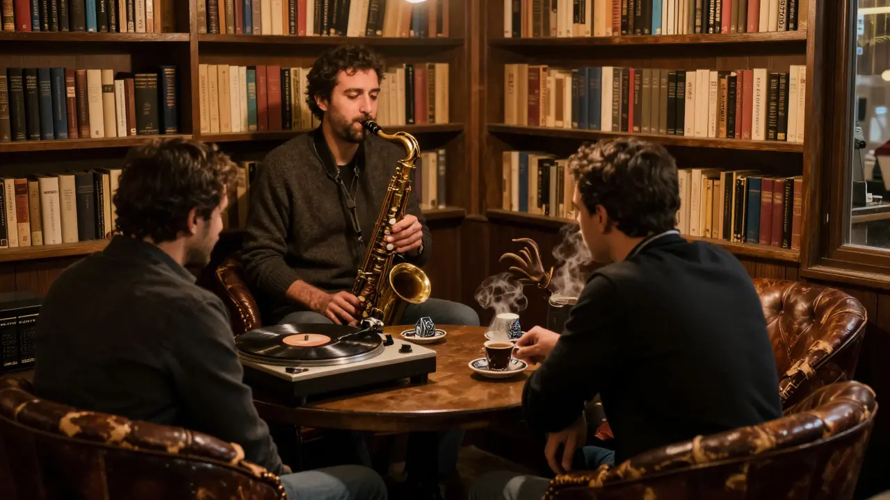 A quiet bar at night with books, vinyl records, and people drinking coffee in soft lamplight.