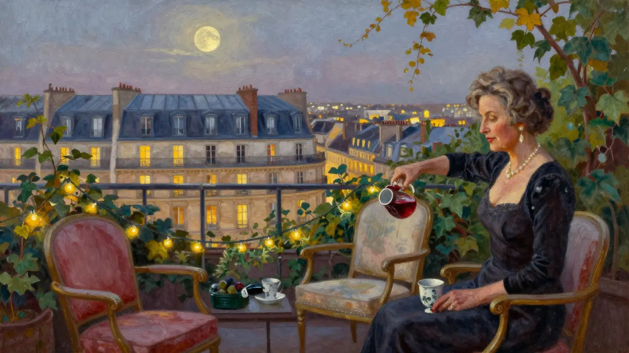 A quiet rooftop garden in Paris with mismatched chairs, string lights, and someone pouring wine.