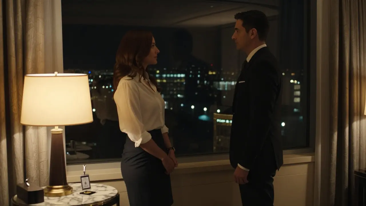 A safe, elegant hotel suite with a client and escort standing near a window at night.