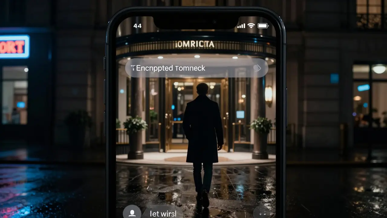 A secure messaging app on a smartphone with a person walking away from a luxury hotel at night.