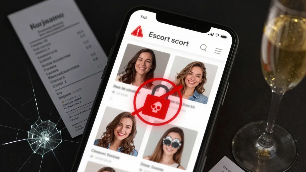 A smartphone displaying a fraudulent escort website with warning symbols and payment receipts nearby.