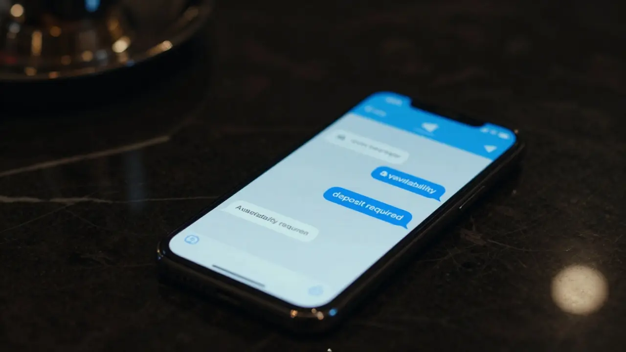 A smartphone screen showing encrypted messages related to companion services in low light.