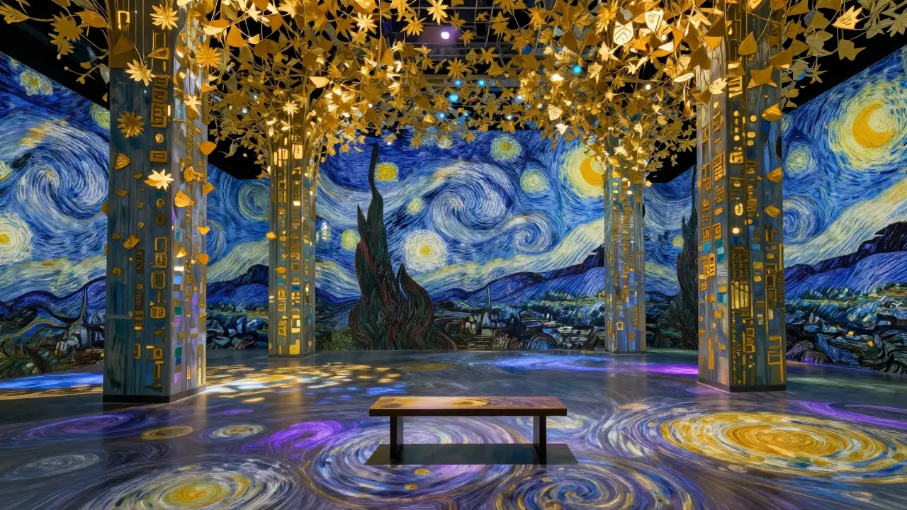 A vast digital art space where swirling stars and golden leaves cover every surface in a silent, immersive light show.