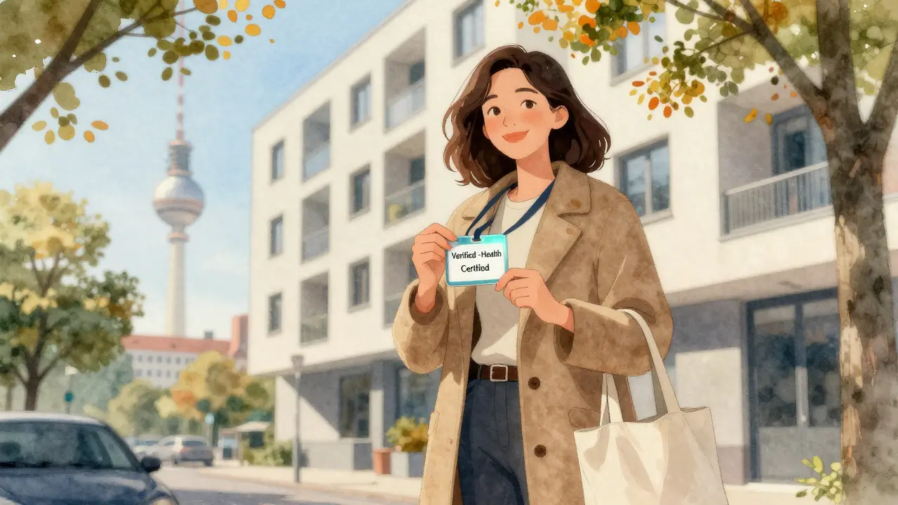 A verified independent escort standing confidently outside a Berlin building with a health certification badge.