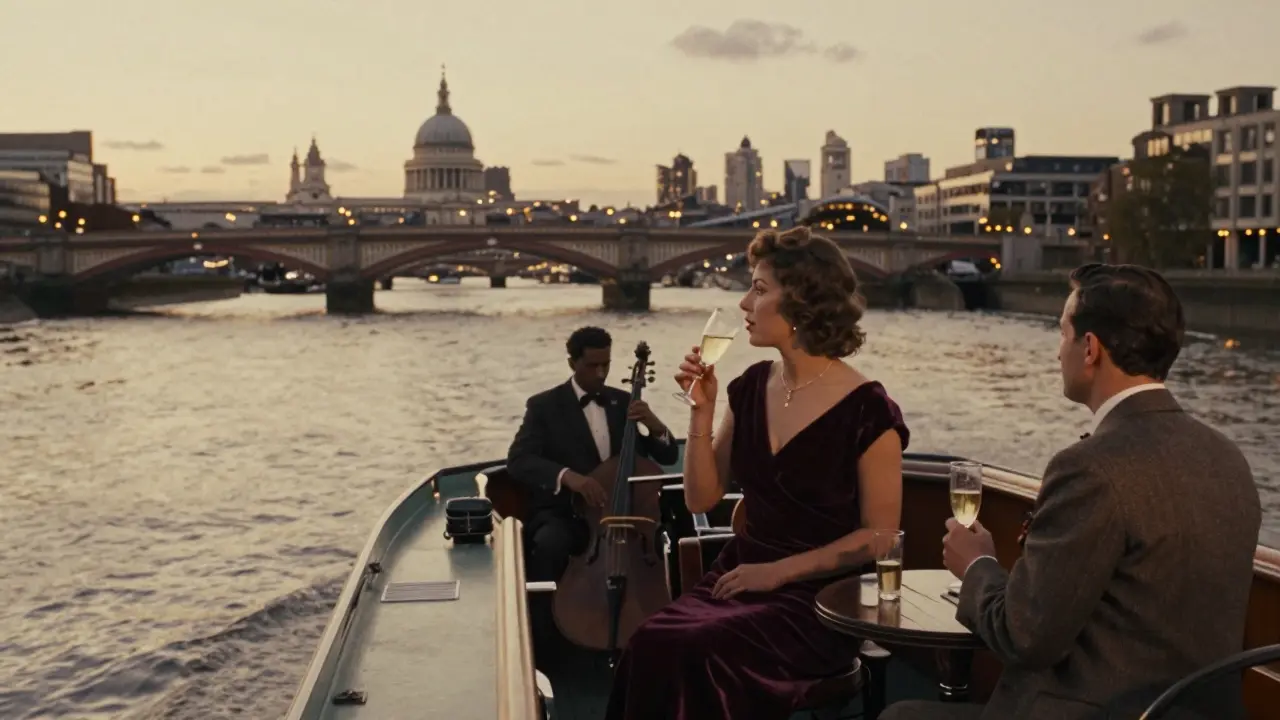 A vintage riverboat on the Thames at dusk, a couple enjoying champagne and jazz under the bridge.