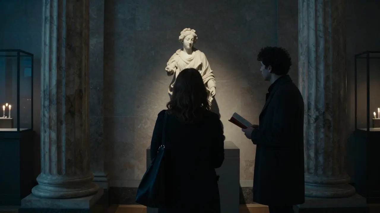 A woman and man enjoying a private museum viewing at the V&amp;A, illuminated by art spotlights.