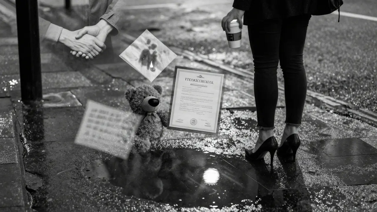 A woman stands alone on a rainy London street, her reflection revealing hidden moments of human connection.