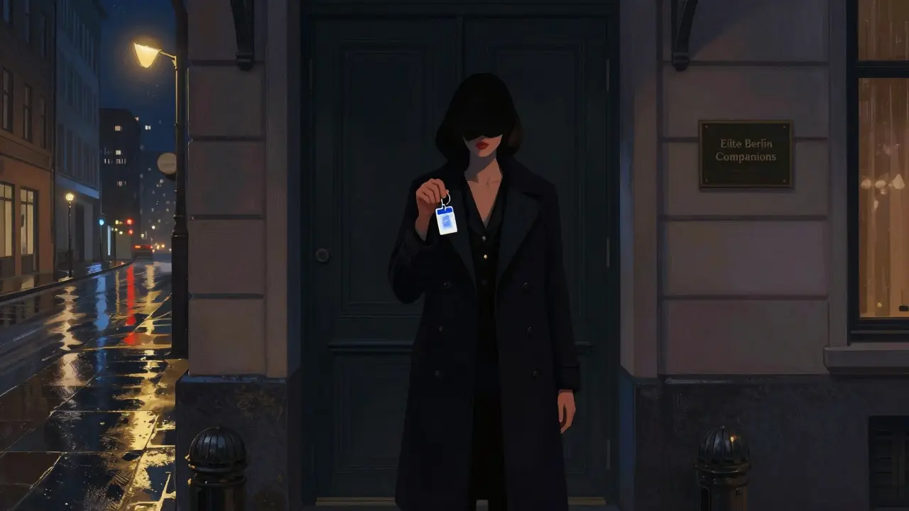 A woman stands before a discreet hotel door in a Berlin alley at night, holding a keycard, shadows surrounding her.