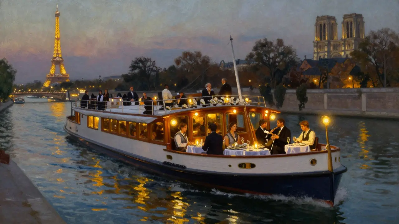 An elegant boat gliding past the Eiffel Tower, candlelit tables and jazz musicians on board.