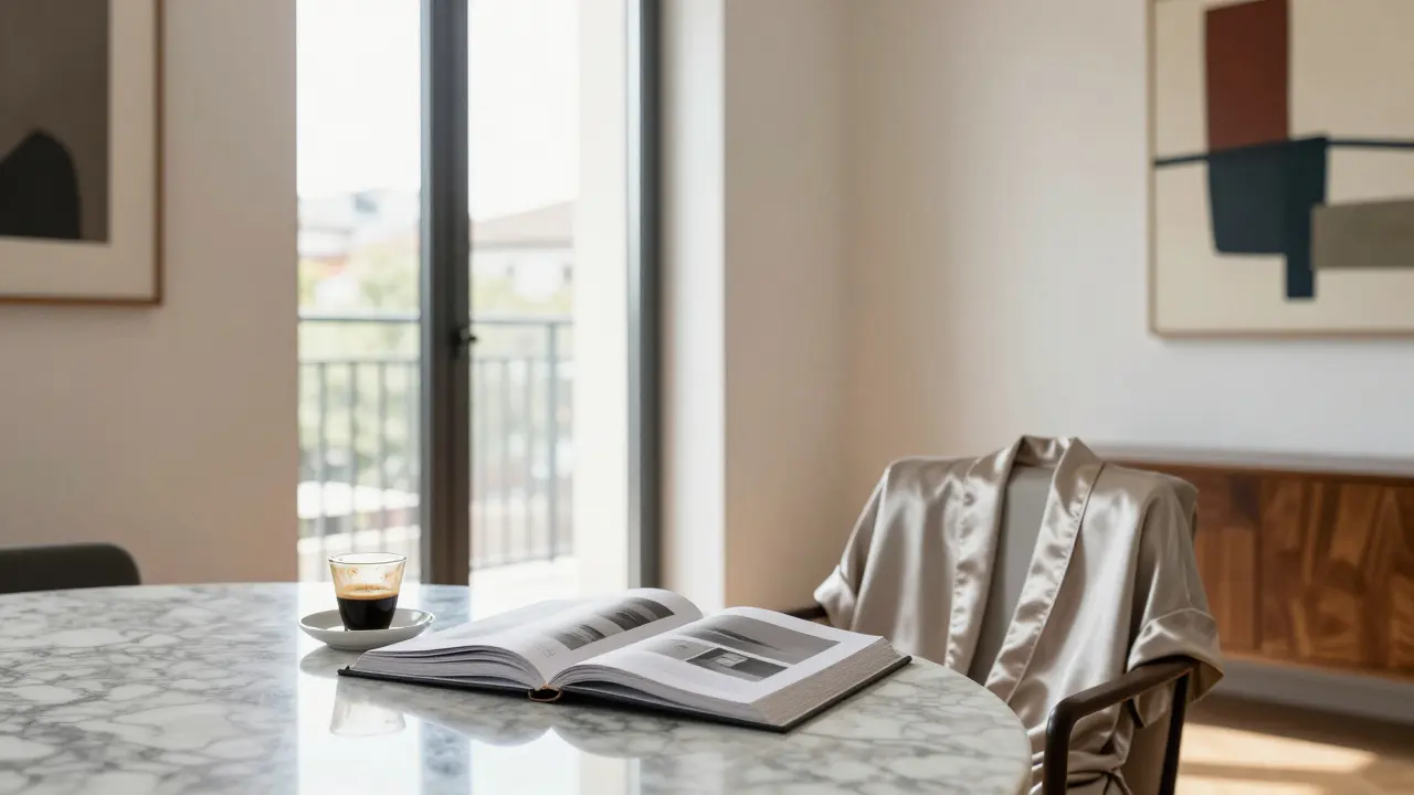 An elegant empty apartment in Brera with art books and morning light streaming through windows.