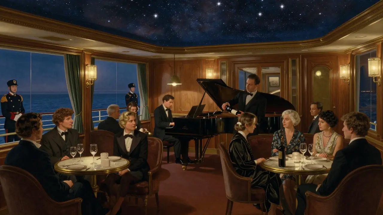 An elegant private lounge with mahogany paneling and a starlit ceiling, where a pianist plays in silence.