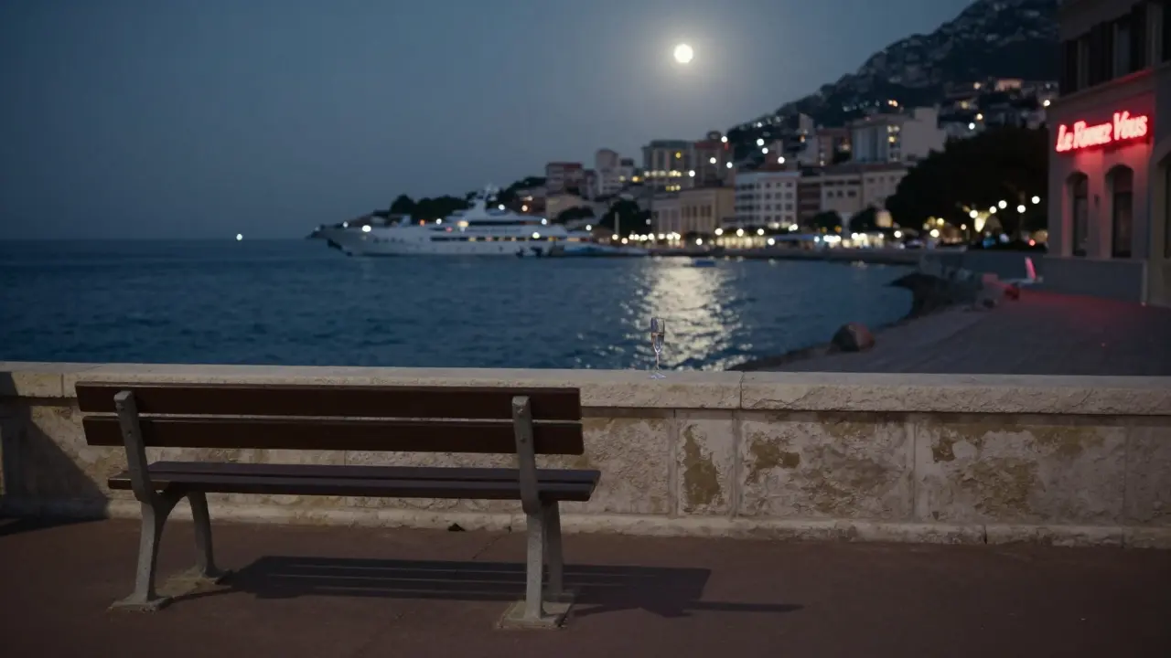 An empty bench by Port Hercules at 3 a.m., a single champagne flute beside it, yachts twinkling in the distance.