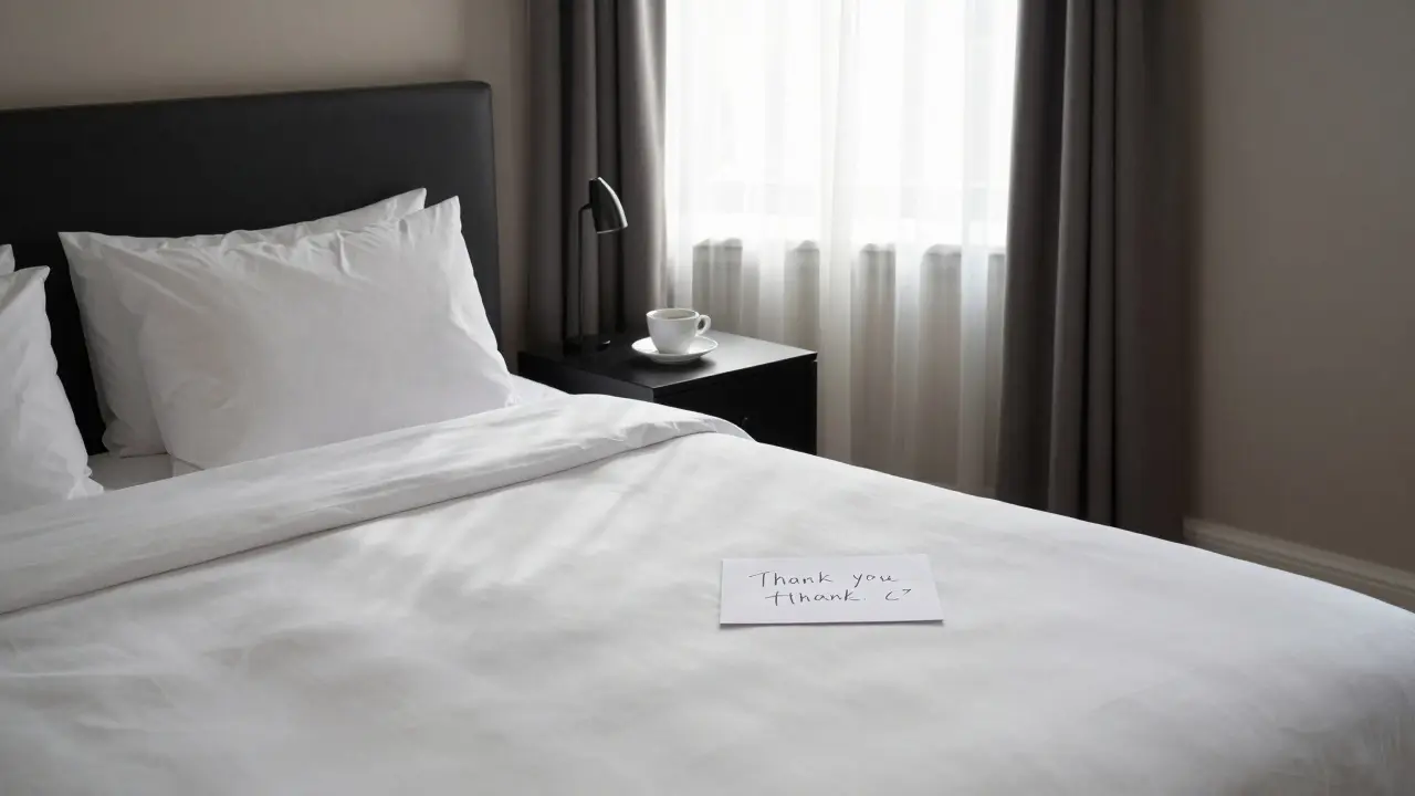 An empty hotel room with a coffee cup and handwritten note, morning light streaming in.