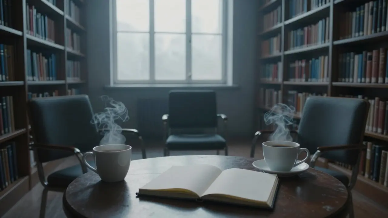 An empty library room at dawn with three coffee cups, hinting at a secret support group meeting.