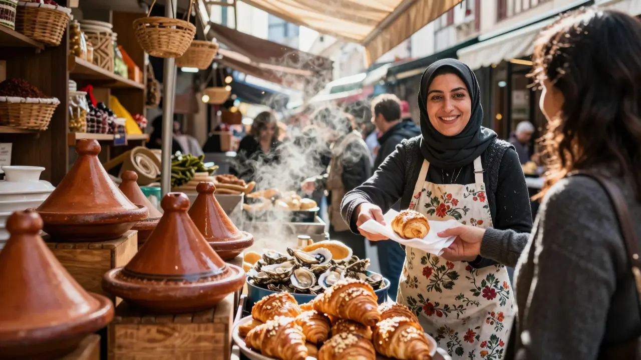 An intimate market stall with fresh pastries and exotic foods, served by a woman in an apron under sunlight filtering through a glass roof.
