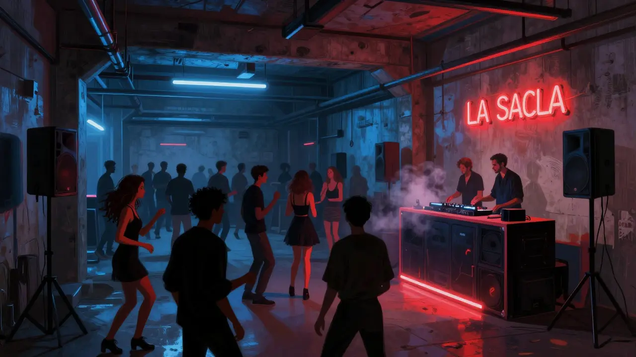 An underground club with a vibrant crowd dancing under pulsing neon lights in an industrial space.