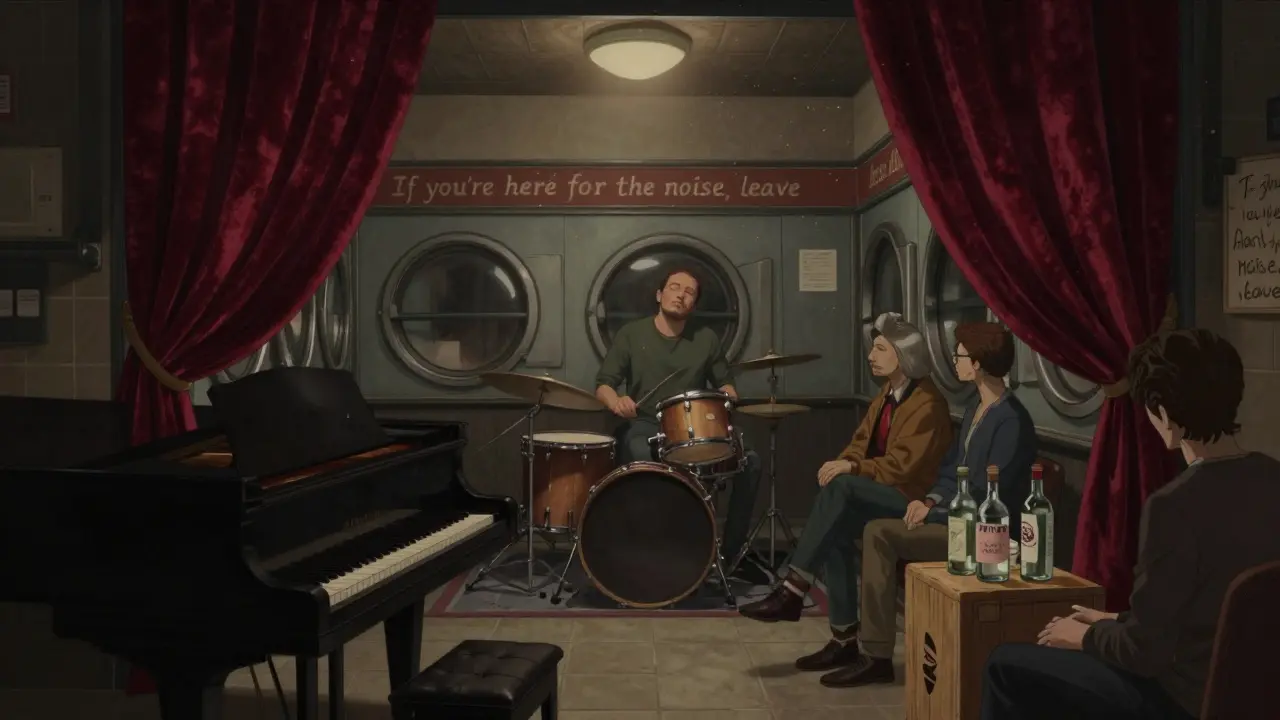 An underground jazz cellar beneath a laundromat, velvet curtains, a drummer playing with eyes closed.