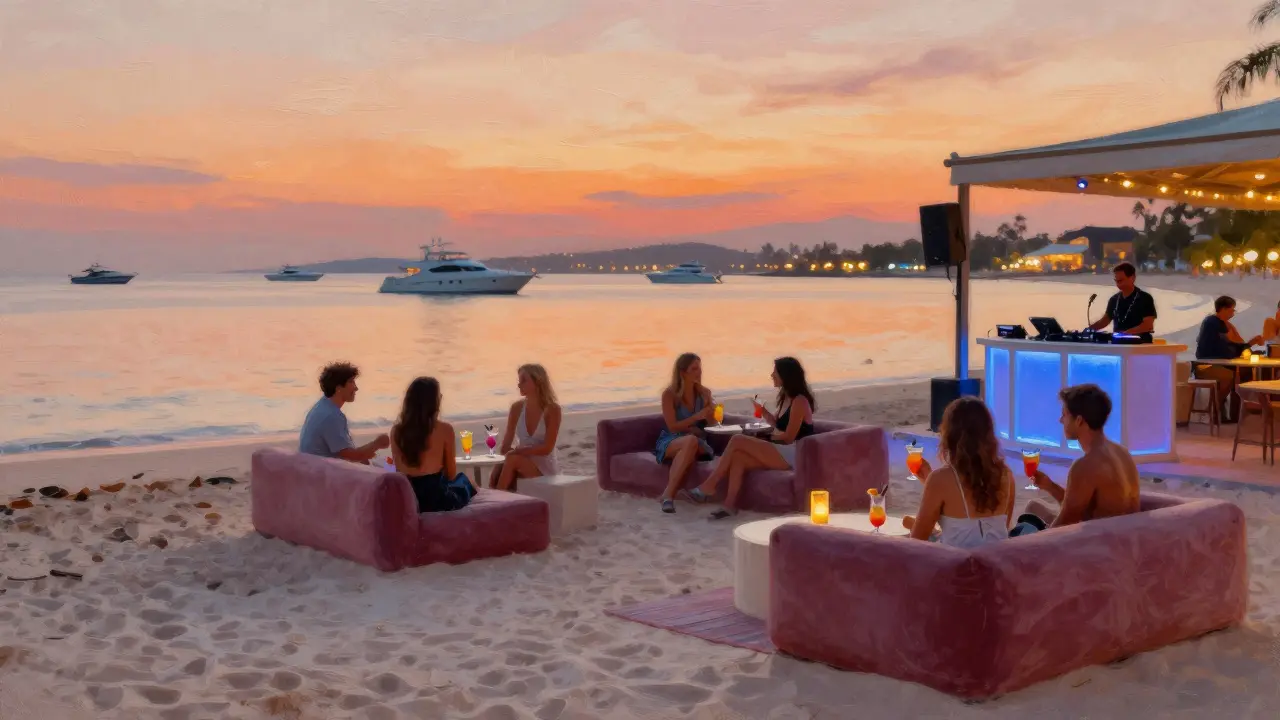 Beachfront lounge at sunset with guests on velvet couches, cocktails in hand, yachts in the distance under warm skies.