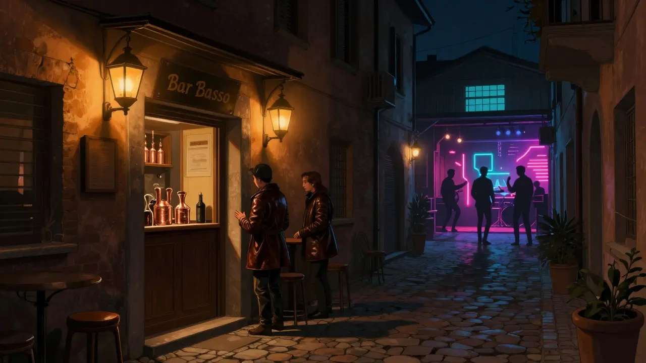 Brera streets at night leading to Bar Basso and La Bicocca, locals in leather jackets, neon dance lights glowing in warehouse windows.