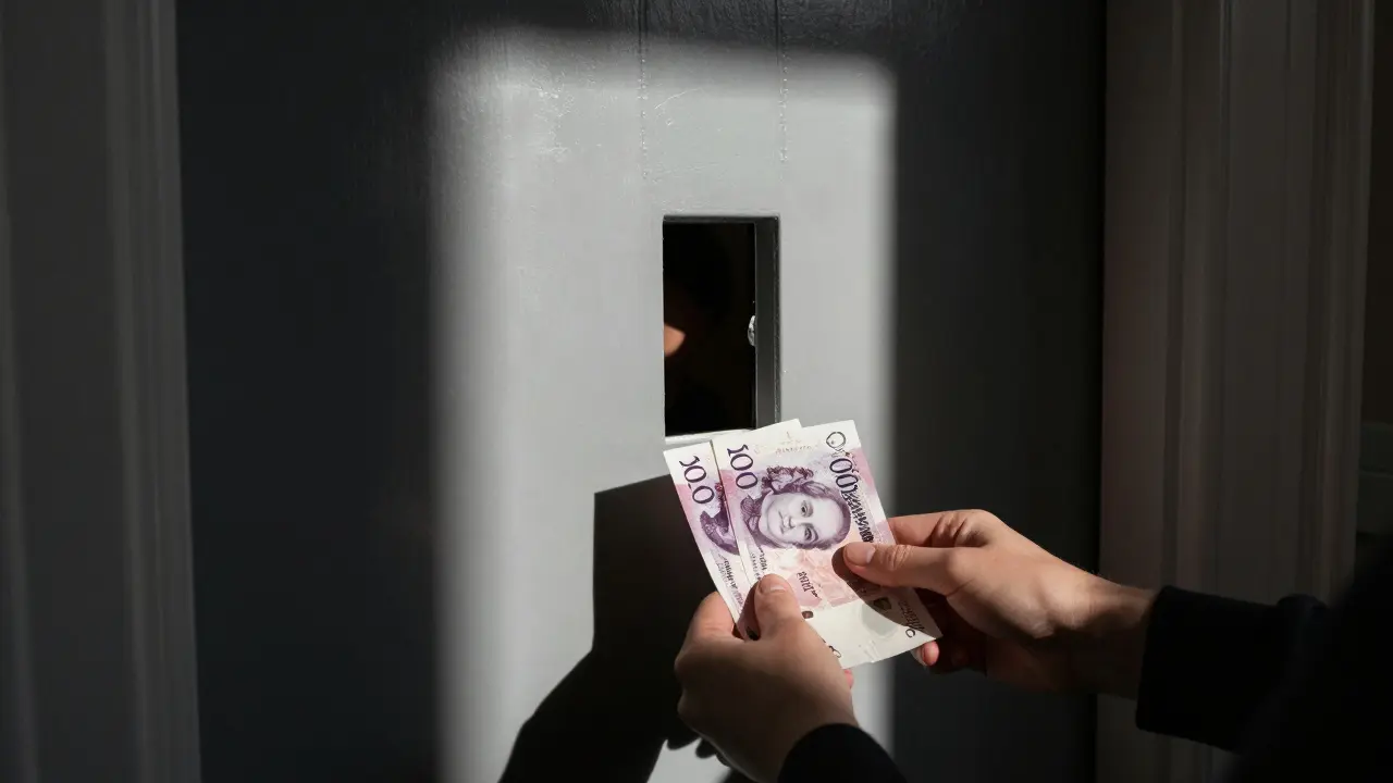 Cash is held outside a closed apartment door, shadowed and anonymous.