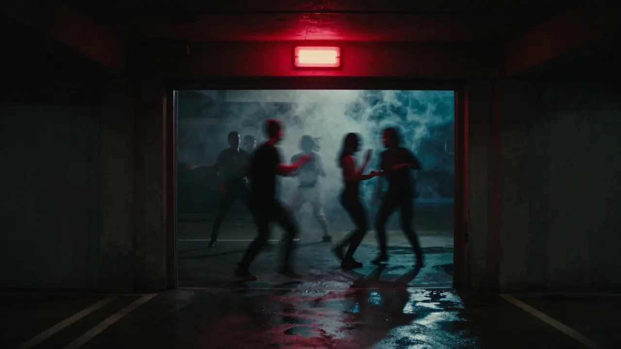 Club 21’s hidden entrance under a parking garage, a single red light above a dark doorway with silhouettes of dancers inside.