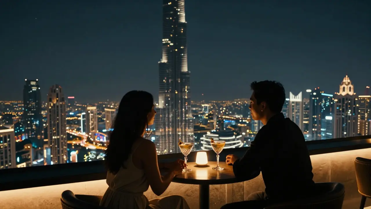 Couple on a rooftop bar high above Dubai, overlooking the city&#039;s glittering skyline at midnight.