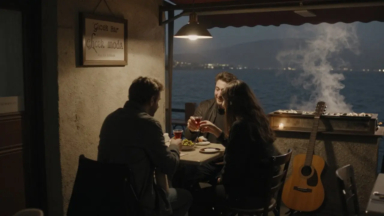 Cozy Çiçek Bar in Moda at night, two people sharing raki under soft light, quiet and intimate atmosphere.