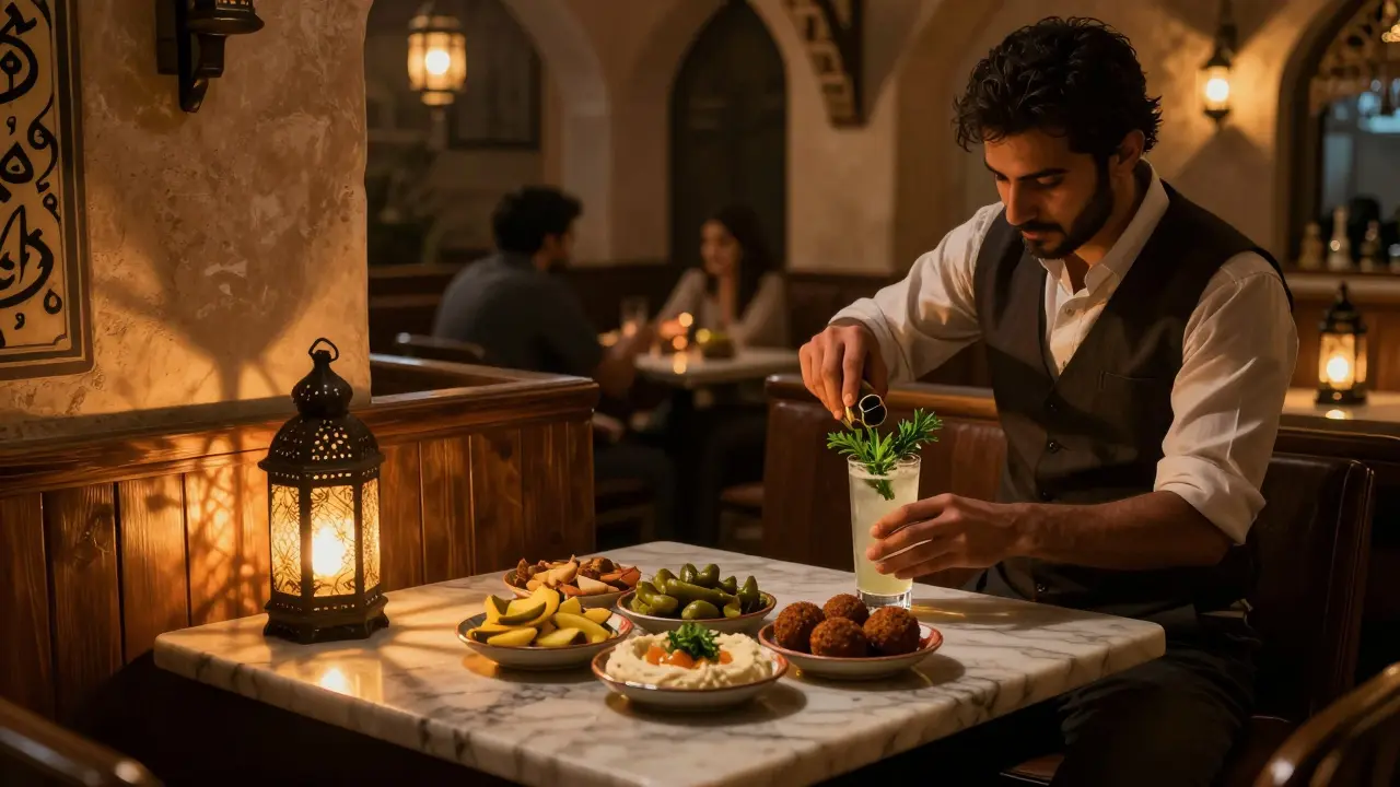 Cozy Lebanese-style bar with dim lighting, wooden booths, and a bartender preparing a craft cocktail.