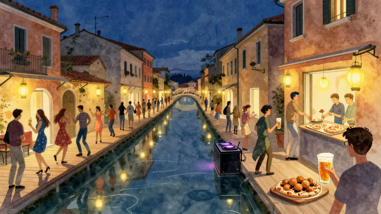 Crowd dancing along lantern-lit canals in Navigli, with craft beer and food stalls glowing in the night.