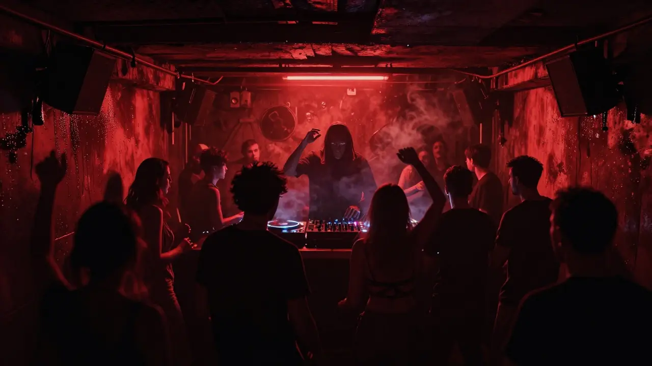Crowd dancing in a dark, underground club with pulsing lights and smoke, no signs visible.