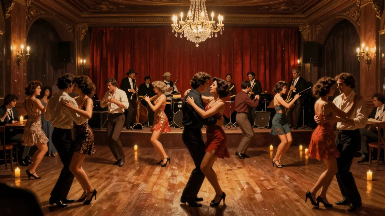 Crowd dancing in a historic jazz hall with wooden floors and live musicians under a crystal chandelier.