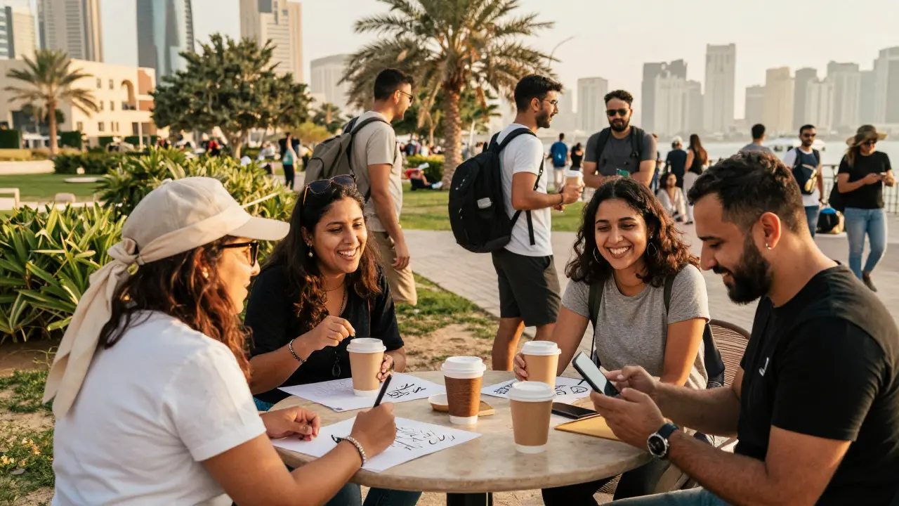 Diverse expats socializing in a sunny Abu Dhabi park, engaging in cultural activities and conversation.