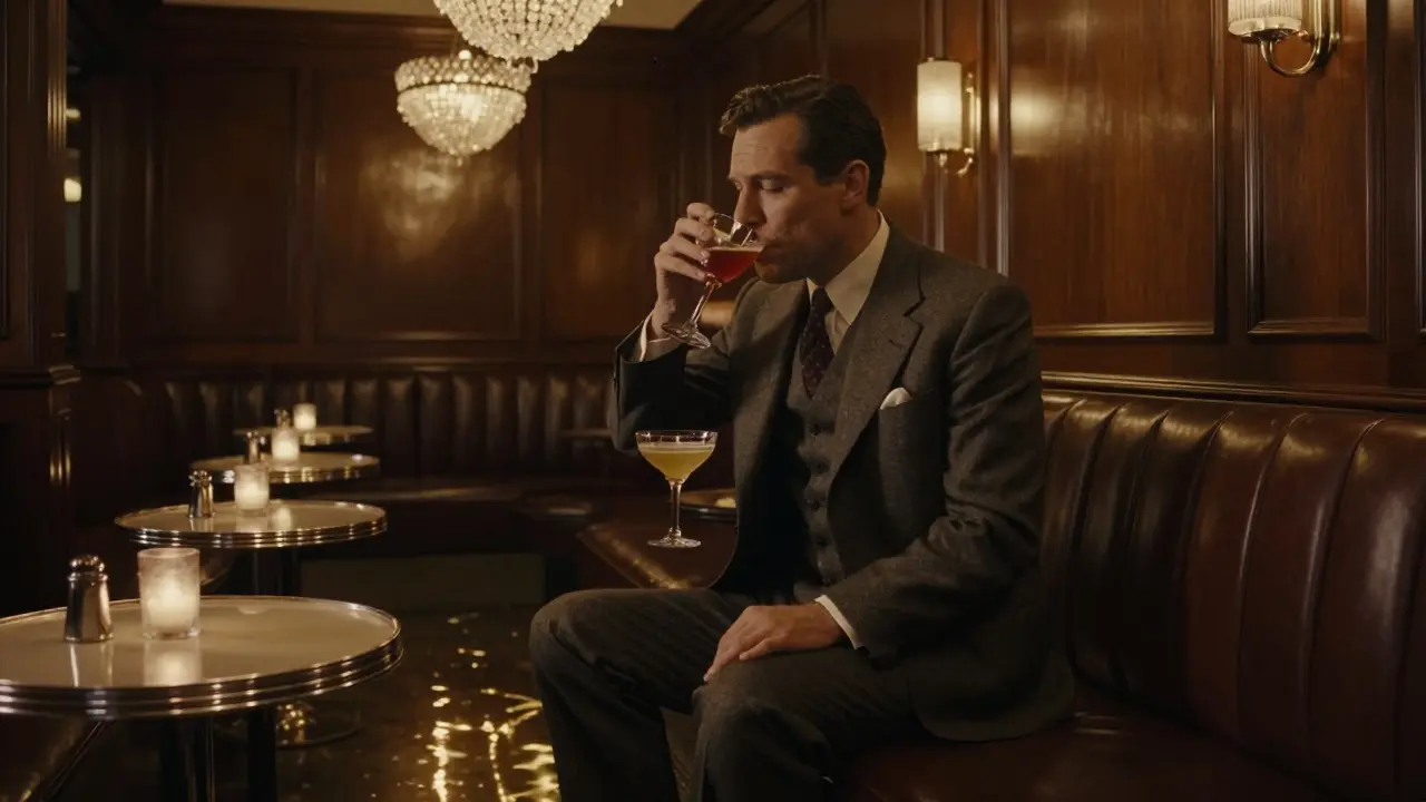 Elegant 1920s-style bar with chandeliers, man sipping a classic cocktail in a leather booth.